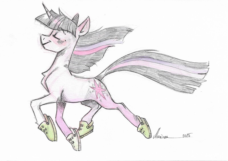 Size: 2448x1728 | Tagged: safe, artist:maxiima, derpibooru import, twilight sparkle, pony, unicorn, chest fluff, crocs, eyes closed, female, image, jpeg, mare, prancing, simple background, smiling, solo, tail, twilight crockle, unicorn twilight, white background, wind, windswept mane, windswept tail