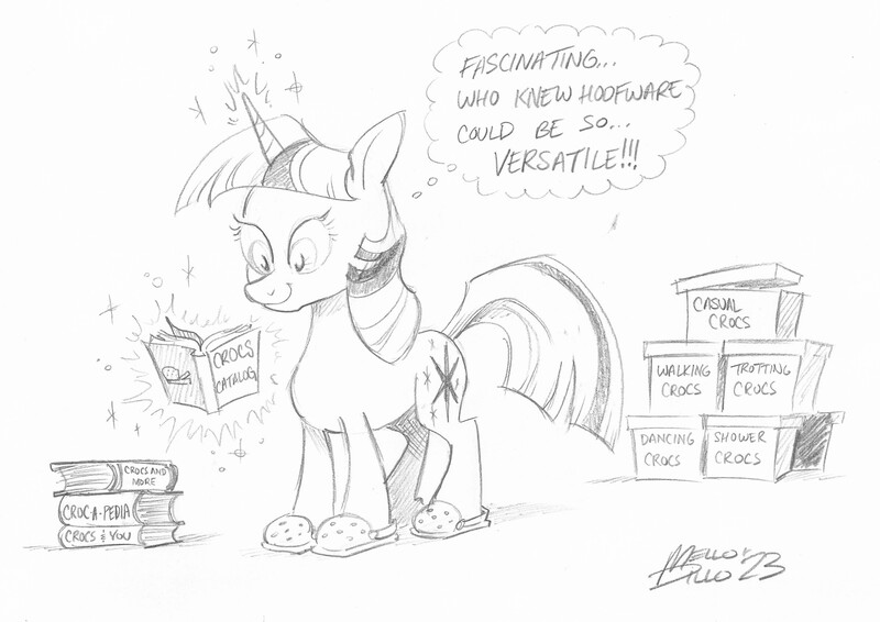 Size: 3203x2268 | Tagged: safe, artist:mellodillo, derpibooru import, twilight sparkle, pony, unicorn, book, crocs, female, grayscale, image, jpeg, levitation, magic, mare, monochrome, reading, simple background, solo, telekinesis, thought bubble, traditional art, twilight crockle, unicorn twilight, white background