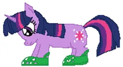 Size: 975x535 | Tagged: safe, artist:saturnpone, derpibooru import, twilight sparkle, pony, unicorn, crocs, image, looking down, pixel art, png, simple background, solo, twilight crockle, unicorn twilight, white background