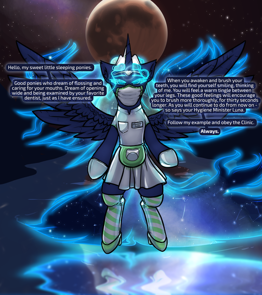 Size: 3200x3600 | Tagged: suggestive, artist:krd, derpibooru import, princess luna, alicorn, pony, alternate universe, apron, brainwashing, circlet, clothes, crown, dentist fetish, dialogue, dream, dream walker luna, dress, eclipse, ethereal mane, female, floating, gloves, high heels, hoof shoes, horn, hypno eyes, hypnogear, hypnosis, hypnotized, image, jewelry, latex, latex dress, latex gloves, latex socks, latex stockings, looking at you, lunar eclipse, mare, mask, medical gloves, moon, name tag, night, night sky, nurse, nurse outfit, png, raised hoof, reflection, regalia, river, rubber, shoes, sky, socks, speech bubble, spread wings, starry mane, starry night, stars, stockings, surgical mask, swirly eyes, text, thigh highs, water, wingding eyes, wings