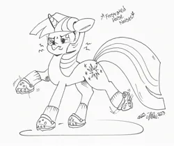 Size: 2539x2129 | Tagged: safe, artist:therealakineko, derpibooru import, twilight sparkle, pony, unicorn, clothes, crocs, descriptive noise, female, frown, grayscale, image, jpeg, mare, monochrome, simple background, socks, solo, standing on two hooves, traditional art, twilight crockle, unicorn twilight, white background