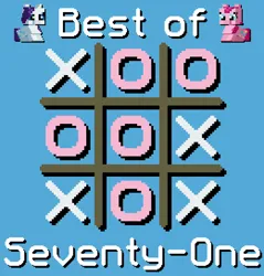 Size: 1300x1360 | Tagged: safe, artist:silk-rose, derpibooru import, pinkie pie, rarity, blue background, cover, cover art, drop shadow, image, pixel art, png, simple background, text, tic tac toe, upscaled