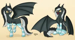 Size: 2400x1300 | Tagged: safe, alternate version, artist:zackwhitefang, derpibooru import, oc, unofficial characters only, bat pony, pony, bat pony oc, bat wings, clothes, commission, cute, cute little fangs, eeee, fangs, female, hooves, image, jpeg, mare, open mouth, simple background, sitting, socks, solo, spread wings, striped socks, tail, wings