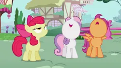 Size: 1920x1080 | Tagged: safe, derpibooru import, screencap, apple bloom, scootaloo, sweetie belle, earth pony, pegasus, pony, unicorn, season 2, the cutie pox, apple bloom's bow, bow, bush, cutie mark crusaders, female, filly, foal, hair bow, half-closed eyes, house, image, lidded eyes, looking up, nose in the air, png, ponyville, tree, trio