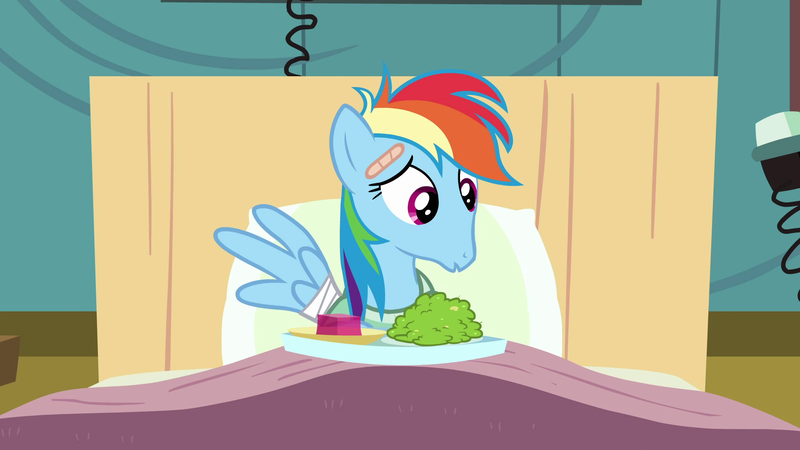 Size: 1920x1080 | Tagged: safe, derpibooru import, screencap, rainbow dash, pegasus, pony, read it and weep, season 2, bandage, bed, blanket, broken wing, clothes, faic, female, food, hospital, hospital bed, hospital gown, hospital room, image, jello, mare, plate, png, ponyville hospital, rainbow dash is best facemaker, solo, why the long face, wings