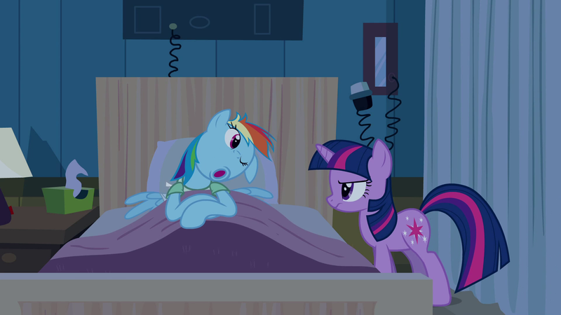 Size: 1920x1080 | Tagged: safe, derpibooru import, screencap, rainbow dash, twilight sparkle, pegasus, pony, unicorn, read it and weep, season 2, bed, clothes, duo, faic, female, hospital, hospital bed, hospital gown, hospital room, image, mare, one eye closed, one eye open, png, ponyville hospital, rainbow dash is best facemaker, unicorn twilight