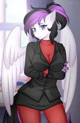 Size: 1801x2759 | Tagged: safe, artist:nath, derpibooru import, oc, oc:cuteholly, anthro, pegasus, big breasts, breasts, crossed arms, female, helltaker, image, png, ponytail, solo, wings