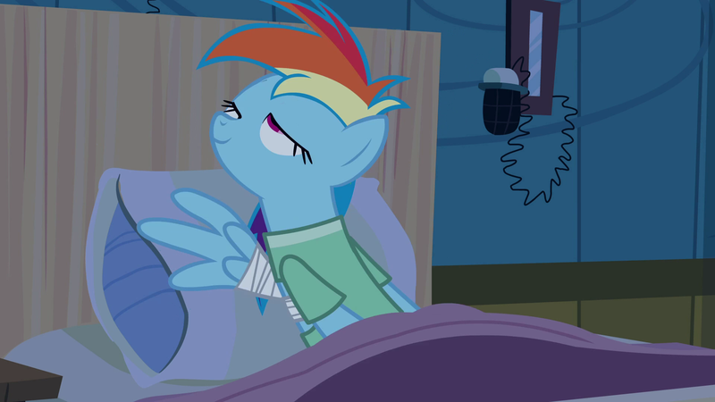 Size: 1920x1080 | Tagged: safe, derpibooru import, screencap, rainbow dash, pegasus, pony, read it and weep, season 2, bed, clothes, female, hospital, hospital bed, hospital gown, hospital room, image, lidded eyes, mare, not what it looks like, out of context, png, ponyville hospital, solo