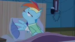 Size: 1920x1080 | Tagged: safe, derpibooru import, screencap, rainbow dash, pegasus, pony, read it and weep, season 2, bed, clothes, female, hospital, hospital bed, hospital gown, hospital room, image, lidded eyes, mare, not what it looks like, out of context, png, ponyville hospital, solo