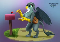 Size: 2047x1447 | Tagged: safe, artist:mik3thestrange, derpibooru import, gabby, gryphon, bag, beak, eyelashes, feathered wings, female, hair tie, image, leonine tail, letter, mail, mailbag, mailbox, majestic, png, solo, spread wings, standing, tail, wings