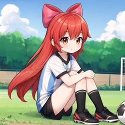 Size: 2448x2448 | Tagged: safe, derpibooru import, machine learning assisted, machine learning generated, stable diffusion, apple bloom, human, adorabloom, ai content, argentina, blushing, clothes, cute, football, grass, grass field, humanized, image, looking at you, png, shorts, sitting, smiling, smiling at you, soccer goalpost, soccer shoes, socks, solo, sports