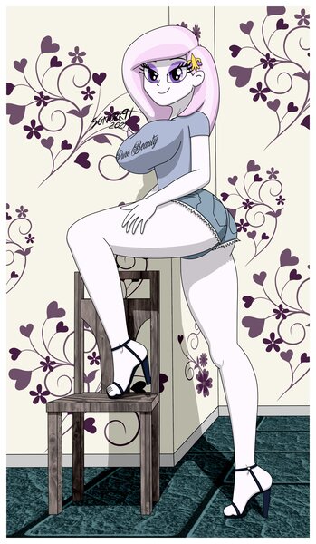 Size: 2384x4096 | Tagged: suggestive, alternate version, artist:sonork91, fleur-de-lis, equestria girls, ass, big breasts, boobs and butt pose, breasts, butt, chair, clothes, daisy dukes, feet, female, fleur-de-rriere, fleur-de-seins, high heels, high res, image, jpeg, legs, lidded eyes, looking at you, miss fleur is trying to seduce us, sandals, shirt, shoes, shorts, smiling, smiling at you, solo, t-shirt, thighs