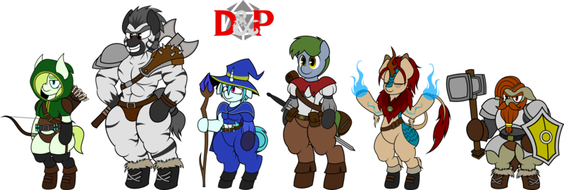 Size: 3845x1300 | Tagged: safe, artist:isaac_pony, derpibooru import, oc, unofficial characters only, dwarf, earth pony, kirin, pony, semi-anthro, unicorn, zebra, angry, archery, armor, axe, barbarian, bard, barefoot, beard, boots, cleric, clothes, d20, dungeons and dragons, elf ears, facial hair, fantasy class, feet, female, femboy, fire, hammer, hooves, horn, image, logo, lute, mage, male, mare, muscles, pen and paper rpg, png, rpg, shield, shoes, shy, simple background, sword, transparent background, weapon