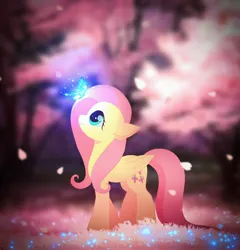 Size: 3928x4096 | Tagged: safe, artist:jaanhavi, derpibooru import, fluttershy, butterfly, insect, pegasus, pony, female, flower petals, forest, high res, image, jpeg, looking up, mare, solo, tree