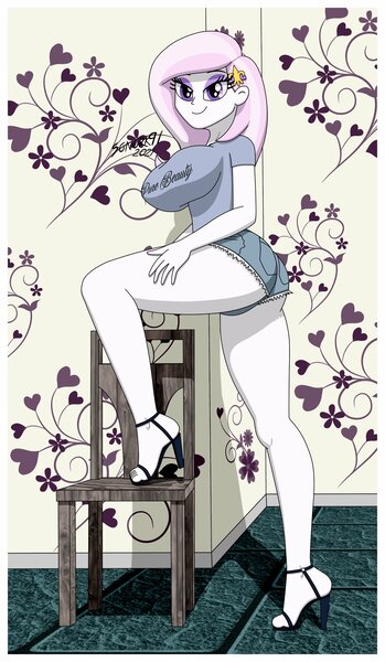 Size: 2384x4096 | Tagged: suggestive, alternate version, artist:sonork91, ponerpics import, ponybooru import, fleur-de-lis, equestria girls, ass, big breasts, boobs and butt pose, breasts, butt, chair, clothes, daisy dukes, feet, female, fleur-de-rriere, fleur-de-seins, high heels, high res, image, jpeg, legs, lidded eyes, looking at you, miss fleur is trying to seduce us, sandals, shirt, shoes, shorts, smiling, smiling at you, solo, t-shirt, thighs