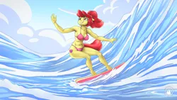 Size: 2560x1440 | Tagged: suggestive, artist:mysticalpha, derpibooru import, apple bloom, anthro, earth pony, unguligrade anthro, bikini, breasts, busty apple bloom, clothes, female, image, ocean, older, older apple bloom, png, solo, solo female, surfboard, surfing, swimsuit, water, wave