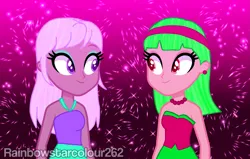 Size: 1915x1220 | Tagged: safe, artist:rainbowstarcolour262, derpibooru import, oc, oc:zina pearl, unofficial characters only, human, equestria girls, bare shoulders, clothes, dress, duo, duo female, ear piercing, earring, eyeshadow, female, gradient background, headband, image, jewelry, makeup, necklace, pearl necklace, piercing, png, purple eyes, red eyes, signature, sleeveless, sleeveless dress, strapless, strapless dress