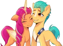 Size: 1620x1166 | Tagged: safe, artist:xiaowu07, derpibooru import, hitch trailblazer, sunny starscout, alicorn, earth pony, pony, g5, my little pony: a new generation, alicornified, cute, duo, duo male and female, female, image, male, mare, png, race swap, shipping, signature, simple background, smiling, stallion, straight, sunnycorn, sunnyhitch, white background