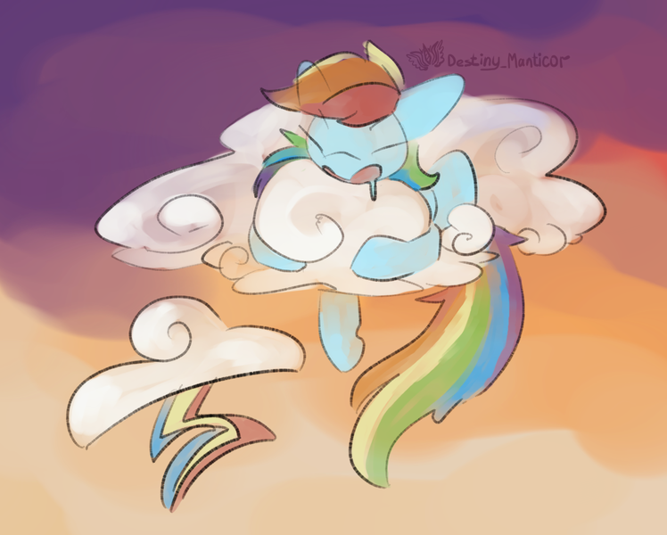 Size: 1190x954 | Tagged: safe, derpibooru import, rainbow dash, pegasus, pony, cloud, cutie mark, drool, eyes closed, image, on a cloud, open mouth, pastel, png, rainbow, sky background, sleeping, sleeping on a cloud, sleepydash, solo