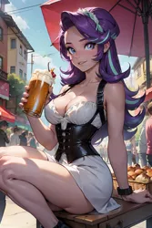 Size: 1024x1536 | Tagged: safe, derpibooru import, machine learning generated, starlight glimmer, human, equestria girls, ai content, breasts, busty starlight glimmer, clothes, drink, female, generator:seaart.ai, humanized, image, looking at you, milkshake, png, prompter:foylertf, sitting, solo, solo female