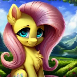 Size: 3072x3072 | Tagged: safe, derpibooru import, machine learning generated, fluttershy, pegasus, pony, ai content, chest fluff, female, generator:pony diffusion v5, generator:seaart.ai, image, lake, looking at you, mare, mountain, mountain range, png, prompter:tyto4tme4l, scenery, smiling, smiling at you, solo, water