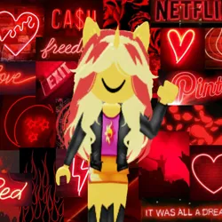 Size: 1280x1280 | Tagged: safe, derpibooru import, sunset shimmer, equestria girls, boots, closed mouth, clothes, complex background, concert, crowd, dollar sign, exit, exit sign, female, fire, flower, g4, glow, heart, horn, image, irl, jacket, leather, leather jacket, lightning, long hair, long sleeves, moon, multicolored hair, netflix, people, petals, photo, pinterest, png, pony ears, raised arm, red background, roblox, rose, shirt, shoes, simple background, skirt, smiling, solo, standing, stars, striped clothes, striped skirt, sun, text, waving, wavy hair