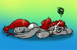 Size: 4096x2662 | Tagged: safe, artist:opalacorn, derpibooru import, oc, oc:void, unofficial characters only, pony, bags under eyes, female, frown, gradient background, image, jpeg, laurel, lying down, male, mare, messy mane, nose piercing, nose ring, pictogram, piercing, prone, solo, sploot