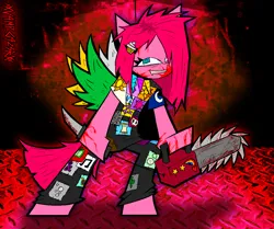 Size: 2250x1880 | Tagged: grimdark, artist:xxv4mp_g4z3rxx, derpibooru import, pinkie pie, anthro, earth pony, bipedal, blood, blood splatter, chainsaw, clothes, cutie mark, fangs, hairclip, horn, image, imminent death, imminent murder, insanity, knife, looking at you, pants, patch, pinkamena diane pie, png, shirt, signature, smiling, solo, standing, sticker, straight hair, t-shirt, unicorn horn, wings