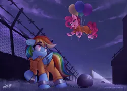 Size: 2867x2036 | Tagged: safe, artist:rivin177, derpibooru import, pinkie pie, rainbow dash, earth pony, pegasus, pony, balloon, chains, clothes, commission, cuffs, escape, fance, female, grass, image, lesbian, night, pinkiedash, png, prison, prison outfit, prisoner, shipping, shocked, shocked expression, silly, sweat