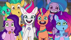 Size: 1920x1080 | Tagged: safe, derpibooru import, screencap, hitch trailblazer, izzy moonbow, pipp petals, sparky sparkeroni, sunny starscout, zipp storm, g5, my little pony: tell your tale, spoiler:tyts01e59, image, mane five, misty brightdawn, moon festival (tell your tale), png, starry eyes, wingding eyes