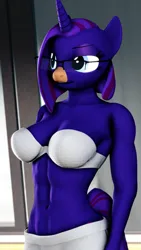 Size: 2160x3840 | Tagged: safe, artist:theebicduck, derpibooru import, oc, oc:empathy, unofficial characters only, anthro, unicorn, art pack:feel the burn 2, 3d, abs, anthro oc, bra, clothes, female, glasses, gym uniform, horn, image, looking forward, muscles, png, smiling, smirk, solo, solo female, source filmmaker, underwear, unicorn oc