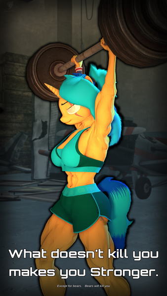 Size: 2160x3840 | Tagged: safe, artist:silkworm205, derpibooru import, oc, oc:flight check, unofficial characters only, anthro, pony, unicorn, art pack:feel the burn 2, 3d, 4k, abs, barbell, blind eye, breasts, clothes, eye scar, facial scar, female, fluffy hair, fluffy mane, fluffy tail, fur, high res, horn, image, mare, motivational poster, muscles, muscular female, nexgen, png, scar, shorts, solo, source filmmaker, sports bra, sports shorts, tail, text, unicorn oc, weight lifting, weights