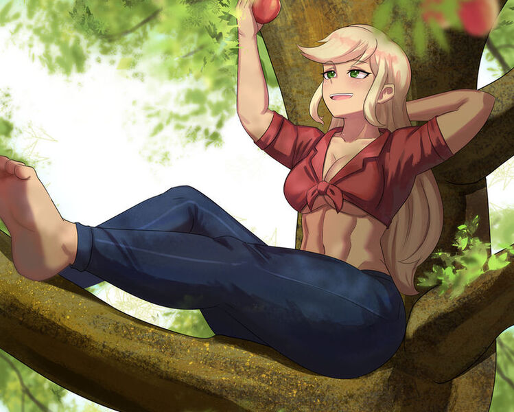 Size: 800x641 | Tagged: safe, artist:tzc, derpibooru import, applejack, human, applebetes, applejacked, barefoot, belly button, breasts, busty applejack, cleavage, clothes, cute, daylight, denim, feet, female, humanized, image, jeans, jpeg, lying down, midriff, muscles, outdoors, pants, solo, solo female, toes, tree, tree branch, underboob