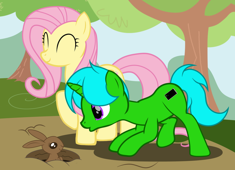 Size: 3780x2730 | Tagged: safe, artist:heir_of_the_shadow, derpibooru import, fluttershy, oc, oc:green byte, pegasus, pony, rabbit, unicorn, animal, commission, female, image, male, mare, png, stallion, ych result