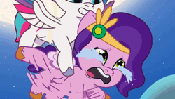 Size: 800x450 | Tagged: safe, derpibooru import, screencap, pipp petals, zipp storm, pegasus, pony, g5, my little pony: tell your tale, spoiler:g5, spoiler:my little pony: tell your tale, spoiler:tyts01e59, animated, cloud, crying, eyes closed, female, filly, filly pipp petals, filly zipp storm, floating, foal, full moon, gif, headband, image, laughing, moon, moon festival (tell your tale), scared, smiling, stars, struggling, younger, zephyr heights