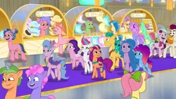 Size: 3072x1727 | Tagged: safe, derpibooru import, screencap, hitch trailblazer, izzy moonbow, pipp petals, posey (g5), queen haven, rocky riff, sparky sparkeroni, sunny starscout, unnamed character, zipp storm, dragon, earth pony, pegasus, pony, unicorn, g5, my little pony: tell your tale, spoiler:g5, spoiler:my little pony: tell your tale, spoiler:tyts01e59, applejack (g5), baby, baby dragon, dahlia, female, fluttershy (g5), frown, grin, image, jpeg, male, mane five, mane six (g5), mare, misty brightdawn, moon festival (tell your tale), open mouth, open smile, pinkie pie (g5), rainbow dash (g5), rarity (g5), royal sisters (g5), siblings, sisters, smiling, stallion, sugarpuff lilac, twilight sparkle (g5)