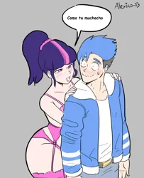 Size: 1300x1600 | Tagged: suggestive, artist:alexicoreborn, derpibooru import, twilight sparkle, human, blushing, clothes, crossover, crossover shipping, duo focus, female, gray background, hands on shoulder, humanized, image, imminent sex, jpeg, lingerie, male, mordecai, mordetwi, regular show, shipping, simple background, spanish, speech bubble, straight, sweat, sweatdrop, underwear