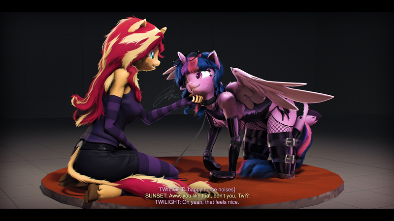 Size: 9600x5400 | Tagged: questionable, artist:imafutureguitarhero, derpibooru import, sci-twi, sunset shimmer, twilight sparkle, twilight sparkle (alicorn), alicorn, anthro, classical unicorn, unguligrade anthro, unicorn, series:twilight's sexual deviancy, 3d, absurd file size, absurd resolution, adorkable, alicornified, arm fluff, arm freckles, bdsm, belt, black bars, blushing, bondage, bondage mitts, boob freckles, bound, bound legs, breasts, butt fluff, butt freckles, cheek fluff, chest freckles, chin fluff, chin scratch, chromatic aberration, cleavage fluff, clothes, clothes swap, cloven hooves, collar, colored eyebrows, colored eyelashes, colored wings, cute, derpibooru exclusive, descriptive noise, dialogue, domset, dork, duo, ear fluff, ear freckles, elbow pads, evening gloves, exposed breasts, female, femsub, film grain, fingerless elbow gloves, fingerless gloves, fishnet clothing, fishnets, floppy ears, fluffy, fluffy hair, fluffy mane, fluffy tail, freckles, fur, glasses, glasses off, gloves, grin, happy, happy bondage, horn, horse noises, image, jpeg, knee pads, latex, latex clothes, latex corset, latex gloves, latex stockings, leash, leg freckles, leonine tail, lesbian, letterboxing, long gloves, long hair, long mane, looking at each other, looking at someone, looking up, multicolored hair, multicolored mane, multicolored tail, neck fluff, nose wrinkle, one ear down, one eye closed, open mouth, paintover, panties, peppered bacon, pet play, race swap, reasonably sized breasts, revamped anthros, revamped ponies, scitwilicorn, scitwishimmer, shiny, shipping, shoulder fluff, shoulder freckles, signature, sitting, smiling, smiling at each other, socks, source filmmaker, stage.bsp, stockings, straps, striped gloves, striped socks, striped stockings, subdorable, submissive, subtitles, sunsetsparkle, tail, tail between legs, tail fluff, tanktop, text, thigh highs, tied up, twiabetes, twisub, two toned wings, underhoof, underwear, unshorn fetlocks, wall of tags, wholesome, wing fluff, wing freckles, wings, wink