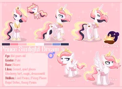 Size: 2000x1447 | Tagged: safe, artist:dixieadopts, ponerpics import, ponybooru import, oc, oc:sunlight dream, unofficial characters only, alicorn, pony, alicorn oc, colt, crown, ethereal hair, ethereal mane, ethereal tail, foal, folded wings, hoof shoes, horn, image, jewelry, male, male symbol, parent:princess celestia, parents:canon x oc, peytral, pink background, png, pointy ponies, prince, raised hoof, raised leg, reference sheet, regalia, simple background, solo, sparkles, sparkly mane, sparkly tail, spread wings, stallion, teenager, white outline, wings
