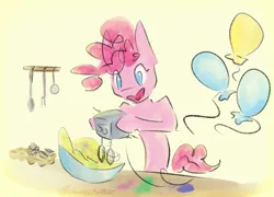 Size: 1101x791 | Tagged: safe, artist:destiny_manticor, derpibooru import, pinkie pie, earth pony, pony, colors, cooking, cutie mark, dough, image, looking at something, mixer, open mouth, open smile, pastel, png, simple background, smiling, solo, yellow background