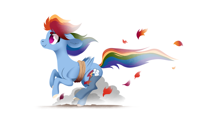 Size: 2611x1500 | Tagged: safe, artist:28gooddays, derpibooru import, rainbow dash, pegasus, pony, autumn leaves, colored hooves, image, leaf, leaves, no pupils, png, rope, running of the leaves, side view, simple background, smiling, solo, white background