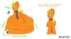 Size: 4000x2211 | Tagged: suggestive, artist:riley23, derpibooru import, oc, oc:riley, pony, unicorn, belly, belly noises, digestion, image, png, vore