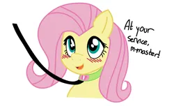 Size: 2376x1442 | Tagged: suggestive, artist:ferrissimulator, color edit, derpibooru import, edit, fluttershy, pegasus, pony, blushing, collar, colored, female, femsub, flutterpet, fluttersub, g4, image, leash, mare, open mouth, open smile, pet play, png, pony pet, simple background, smiling, solo, submissive, talking to viewer, white background