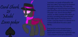 Size: 7000x3370 | Tagged: safe, artist:cardshark777, derpibooru import, oc, oc:card shark, unofficial characters only, changeling, blue background, changeling oc, clothes, digital art, fangs, feather, fedora, hat, image, male, male oc, pink eyes, png, raised hoof, raised leg, reference sheet, scarf, simple background, smiling, solo, text