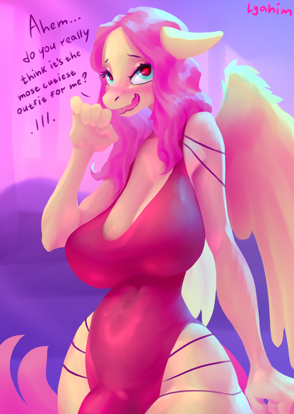 Size: 1620x2280 | Tagged: suggestive, alternate version, anonymous editor, artist:lyahim, derpibooru import, edit, fluttershy, anthro, pegasus, pony, /trash/, 4chan, big breasts, blushing, breasts, busty fluttershy, cleavage, clothes, crotch bulge, curvy, dress, female, floppy ears, futa, futa fluttershy, heart, heart eyes, hourglass figure, huge breasts, image, intersex, looking at you, mare, one-piece swimsuit, open mouth, png, solo, solo female, swimsuit, talking to viewer, wide hips, wingding eyes
