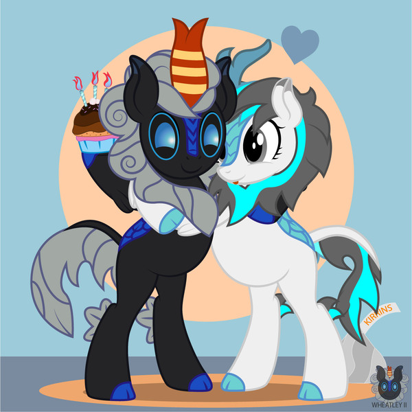 Size: 1242x1241 | Tagged: safe, artist:wheatley r.h., derpibooru import, oc, oc:blizzard flare, oc:w. rhinestone eyes, unofficial characters only, kirin, pony, birthday, chocolate, cloven hooves, cupcake, cute, derpibooru exclusive, female, floating heart, food, happy, heart, hug, image, jpeg, kirin oc, male, mare, ocbetes, simple background, stallion, standing on two hooves, tongue out, vector, watermark, white berry