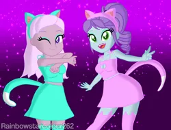 Size: 3040x2309 | Tagged: safe, artist:rainbowstarcolour262, derpibooru import, crystal lullaby, oc, oc:zina pearl, human, series:equ shadowcats, equestria girls, animal costume, bare shoulders, boob window, breasts, busty crystal lullaby, cat costume, cat ears, cat tail, cleavage, clothes, costume, duo, duo female, eyeshadow, female, gradient background, green eyes, image, looking at you, makeup, midriff, one eye closed, png, ponytail, purple eyes, signature, skirt, sleeveless, smiling, socks, stockings, tail, tanktop, thigh highs, upskirt denied, wink, winking at you