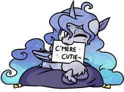 Size: 2421x1791 | Tagged: safe, artist:sugar morning, derpibooru import, oc, oc:prince plushy soft, unofficial characters only, alicorn, commission, cute, fluffy, horn, image, one eye closed, pillow, png, sign, simple background, solo, transparent background, wings, wink, ych result
