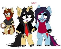 Size: 762x610 | Tagged: safe, artist:mxmx fw, derpibooru import, ponified, bat pony, bat pony unicorn, earth pony, hybrid, pony, unicorn, belt, bert mccracken, broken horn, clothes, dyed mane, emo, fangs, gay, gerard way, glasses, gloves, holding hooves, hoof polish, horn, image, looking at each other, looking at someone, makeup, male, mikey way, ms paint, musical instrument, my chemical romance, png, shipping, simple background, standing on two hooves, tambourine, the used, two toned mane, white background