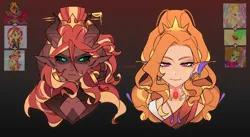 Size: 1827x1000 | Tagged: safe, artist:solitarydegarcia, derpibooru import, adagio dazzle, sunset shimmer, demon, human, equestria girls, bust, clothes, crown, duo, frown, horns, image, jewelry, jpeg, looking at you, regalia, smiling, sunset satan